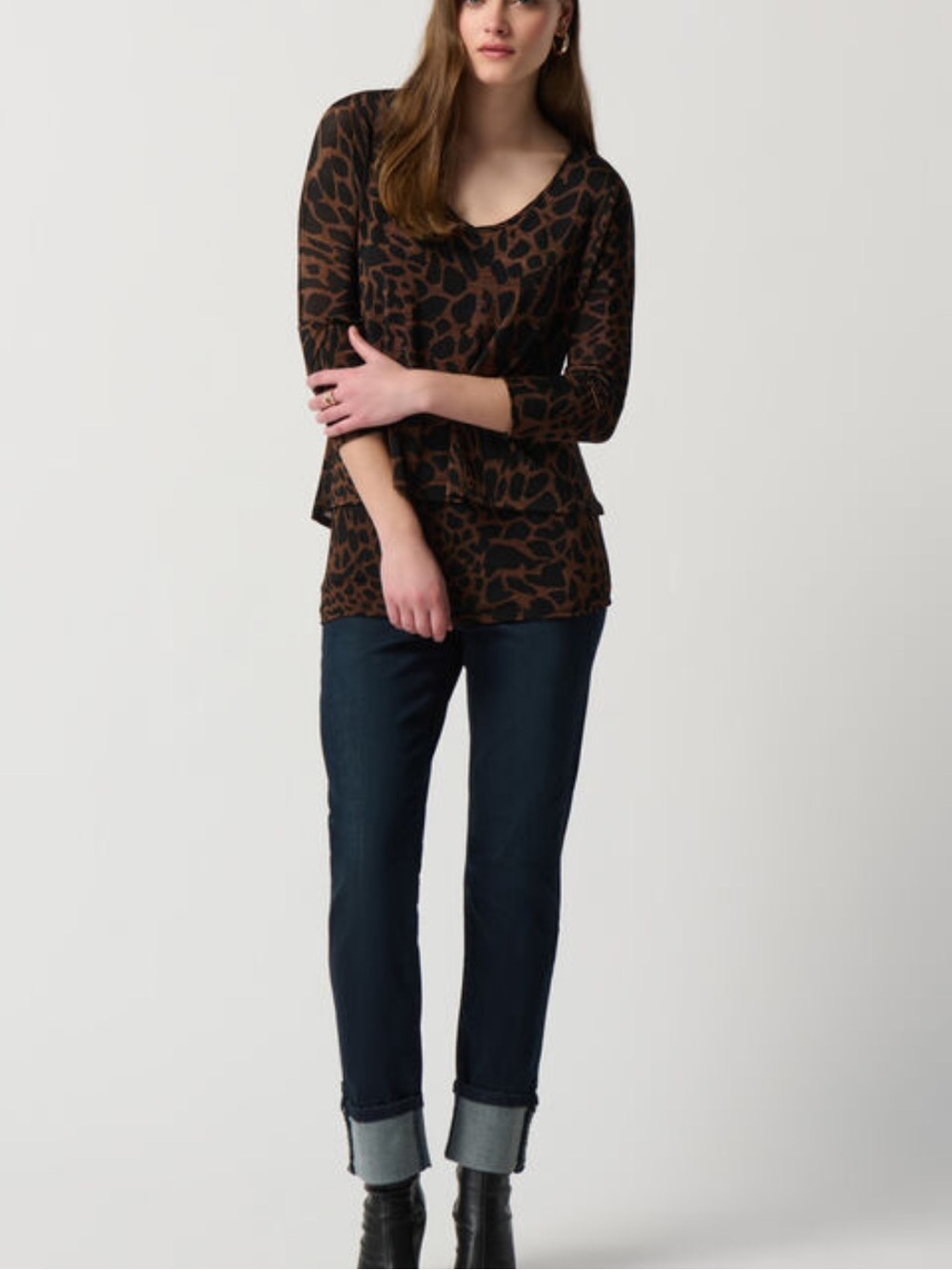 Joseph Ribkoff Size 4 Casual Animal-print Pullover Style Brown and Black Vneck